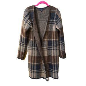 Plaid Open Front Cardigan Sweater - Brown and Beige